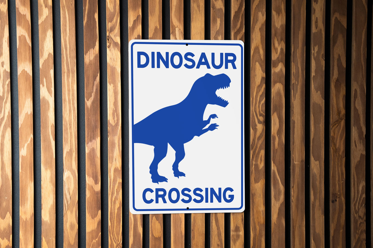Dinosaur Crossing Metal Sign, Prehistoric Decor, Kids Room Accessory, Unique Garden Sign, Wall Art — photo 1