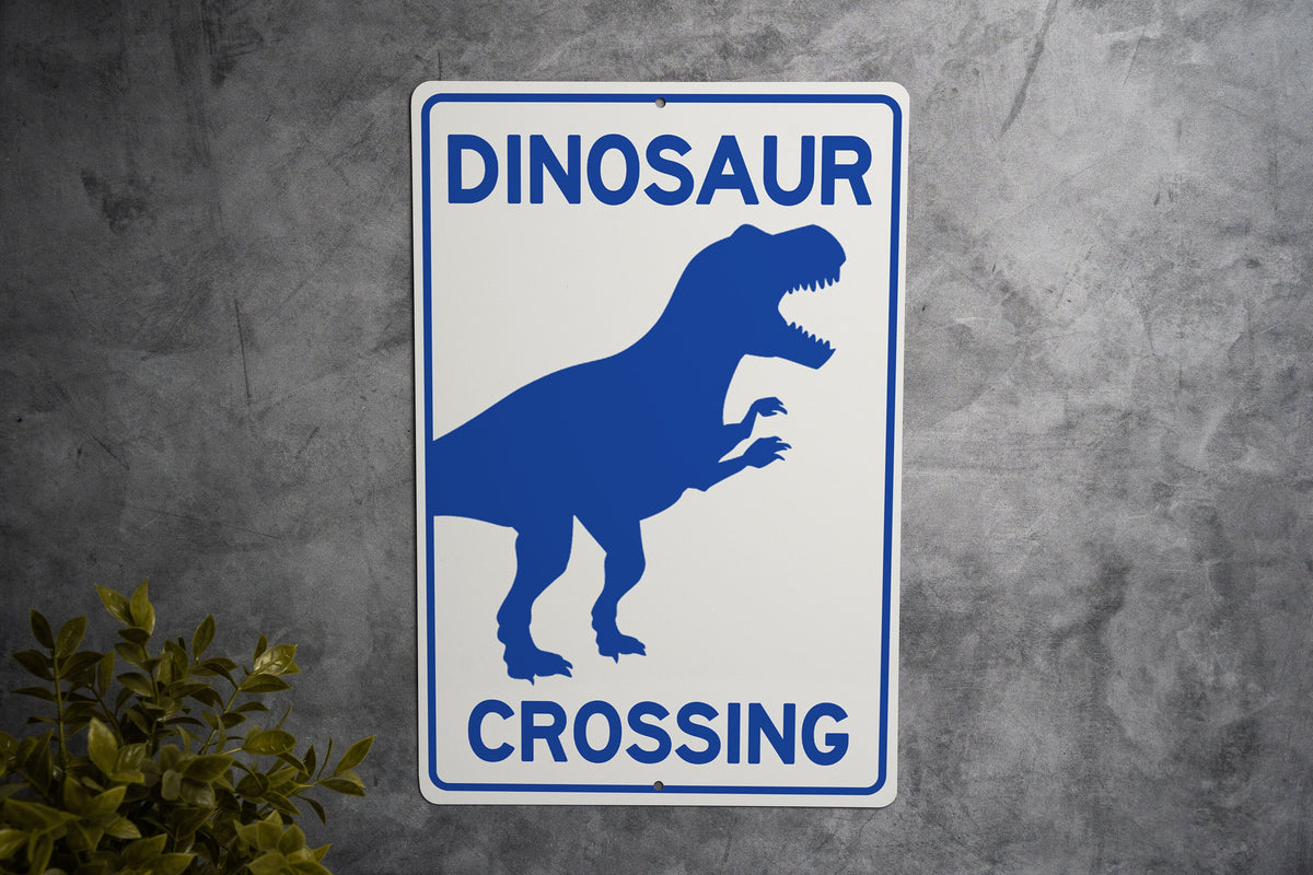 Dinosaur Crossing Metal Sign, Prehistoric Decor, Kids Room Accessory, Unique Garden Sign, Wall Art — photo 2