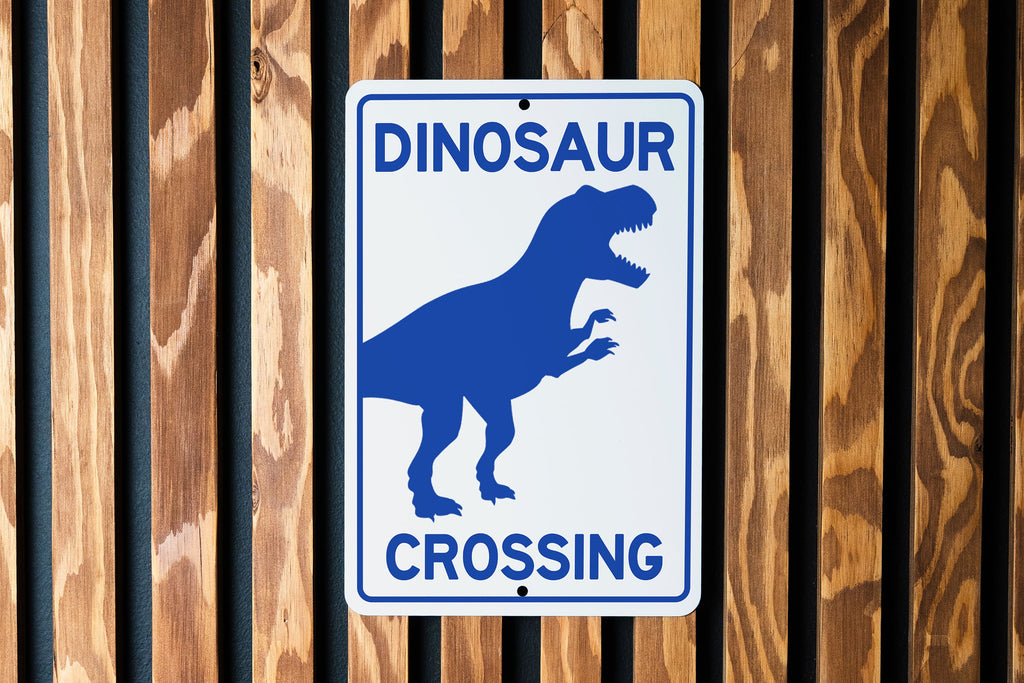 Dinosaur Crossing Metal Sign, Prehistoric Decor, Kids Room Accessory, Unique Garden Sign, Wall Art — photo 3