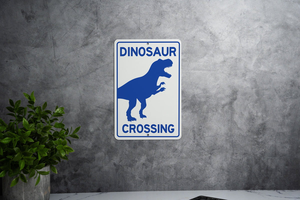 Dinosaur Crossing Metal Sign, Prehistoric Decor, Kids Room Accessory, Unique Garden Sign, Wall Art — photo 4
