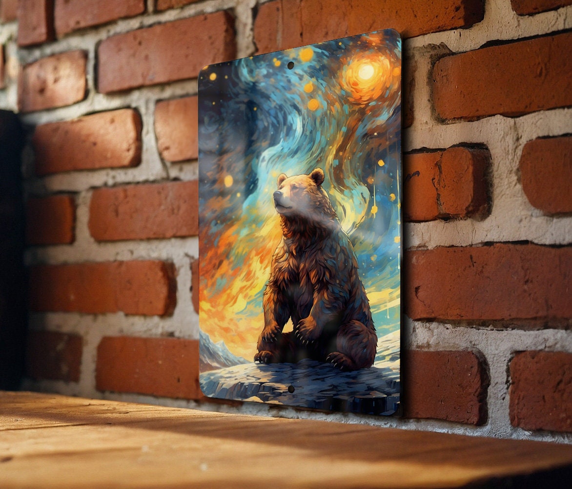 Bear Staring at Galaxy Wall Art Metal Sign - Cosmic Animal, Space Decor, Starry Night, Nature Meets Space, Unique Art — photo 5