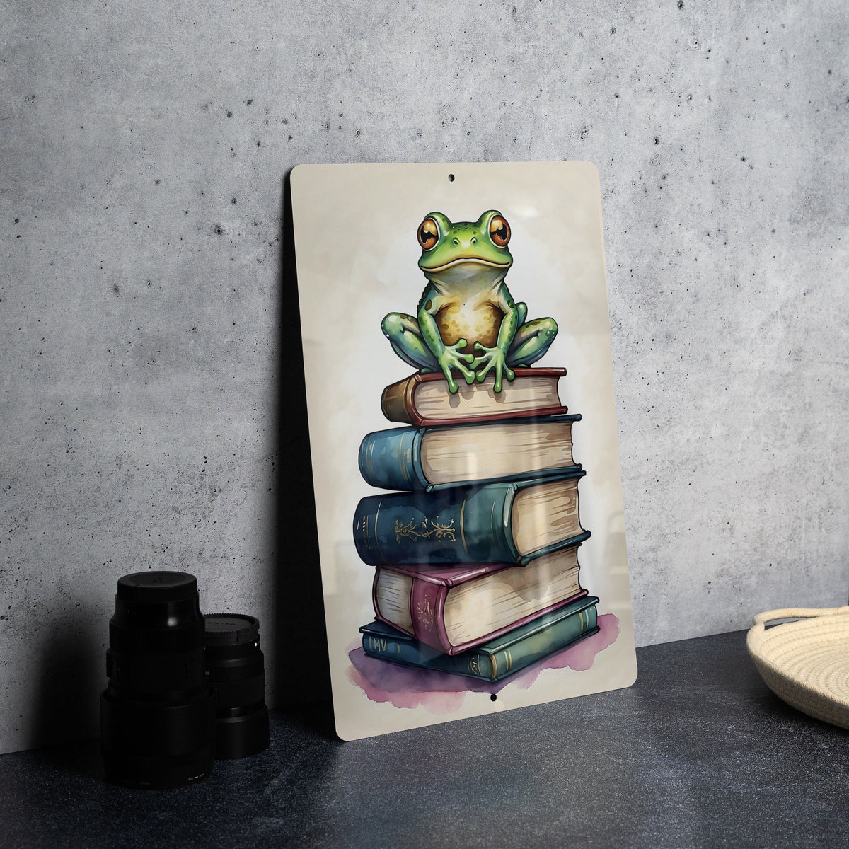 Frog on Books Wall Art Metal Sign - Whimsical Reading, Literary Frog, Book Lover's Dream, Enchanted Study, Magical Reading Nook — photo 1