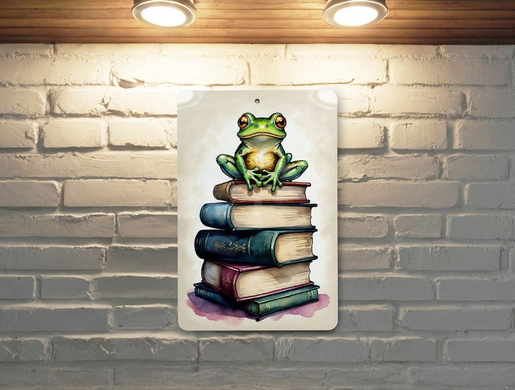 Frog on Books Wall Art Metal Sign - Whimsical Reading, Literary Frog, Book Lover's Dream, Enchanted Study, Magical Reading Nook — photo 2