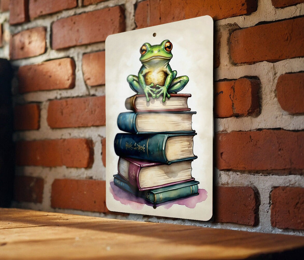 Frog on Books Wall Art Metal Sign - Whimsical Reading, Literary Frog, Book Lover's Dream, Enchanted Study, Magical Reading Nook — photo 6