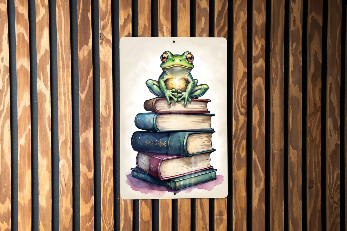 Frog on Books Wall Art Metal Sign - Whimsical Reading, Literary Frog, Book Lover's Dream, Enchanted Study, Magical Reading Nook — photo 7