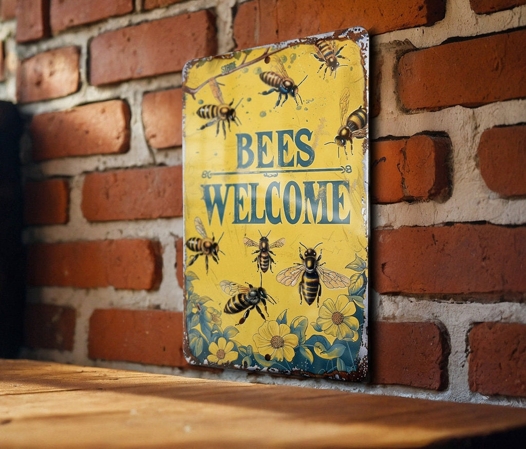 Vintage Style Metal Sign, Bees Welcome, Garden Decor, Rustic Home Accent, Unique Gift Idea — photo 1