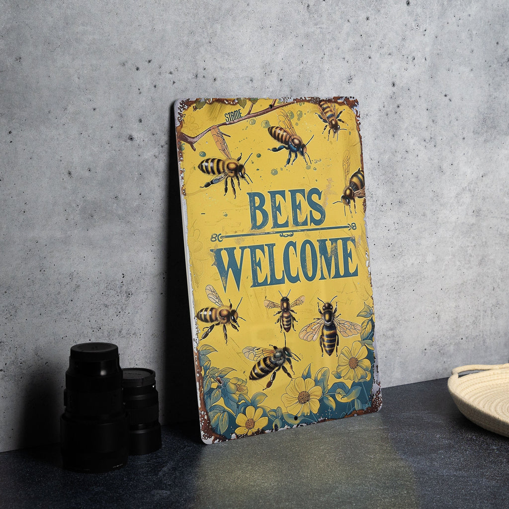 Vintage Style Metal Sign, Bees Welcome, Garden Decor, Rustic Home Accent, Unique Gift Idea — photo 2
