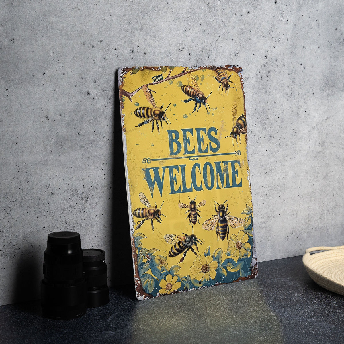 Vintage Style Metal Sign, Bees Welcome, Garden Decor, Rustic Home Accent, Unique Gift Idea — photo 2