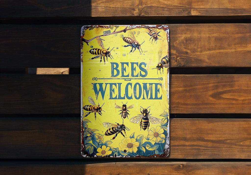Vintage Style Metal Sign, Bees Welcome, Garden Decor, Rustic Home Accent, Unique Gift Idea — photo 5