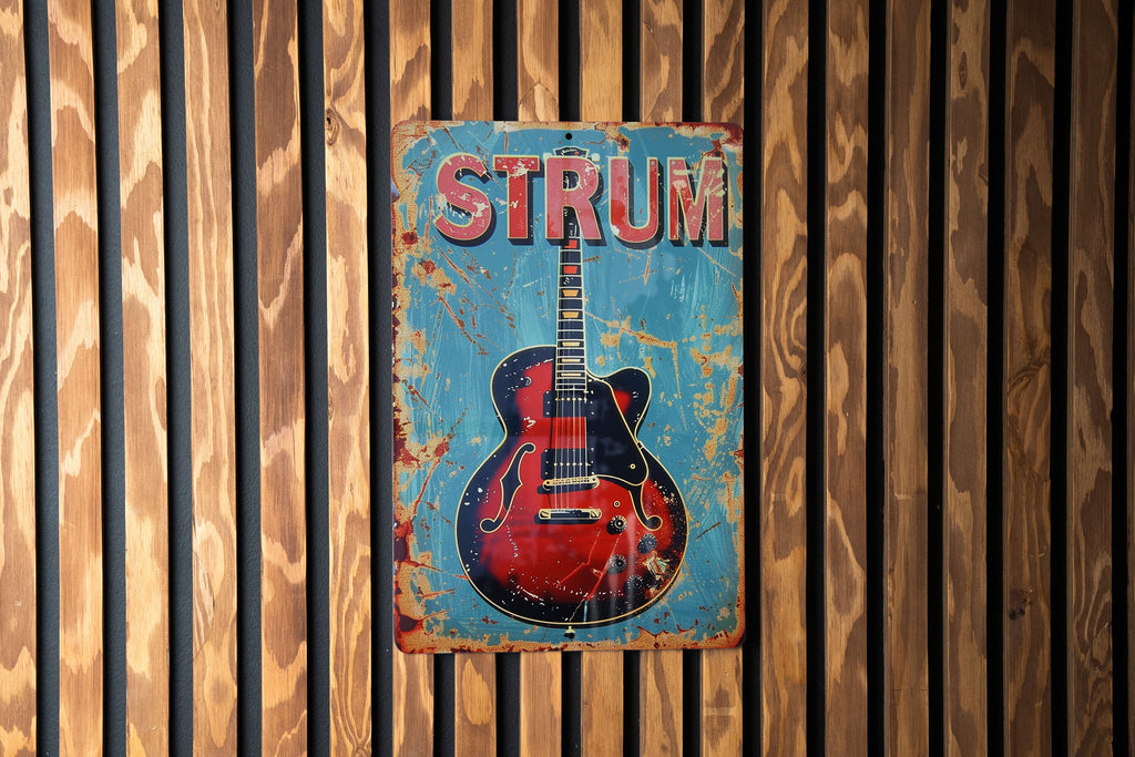 Vintage Style Metal Sign, Playing Guitar, STRUM Sign, Guitar Decor, Retro Music Wall Art — photo 1