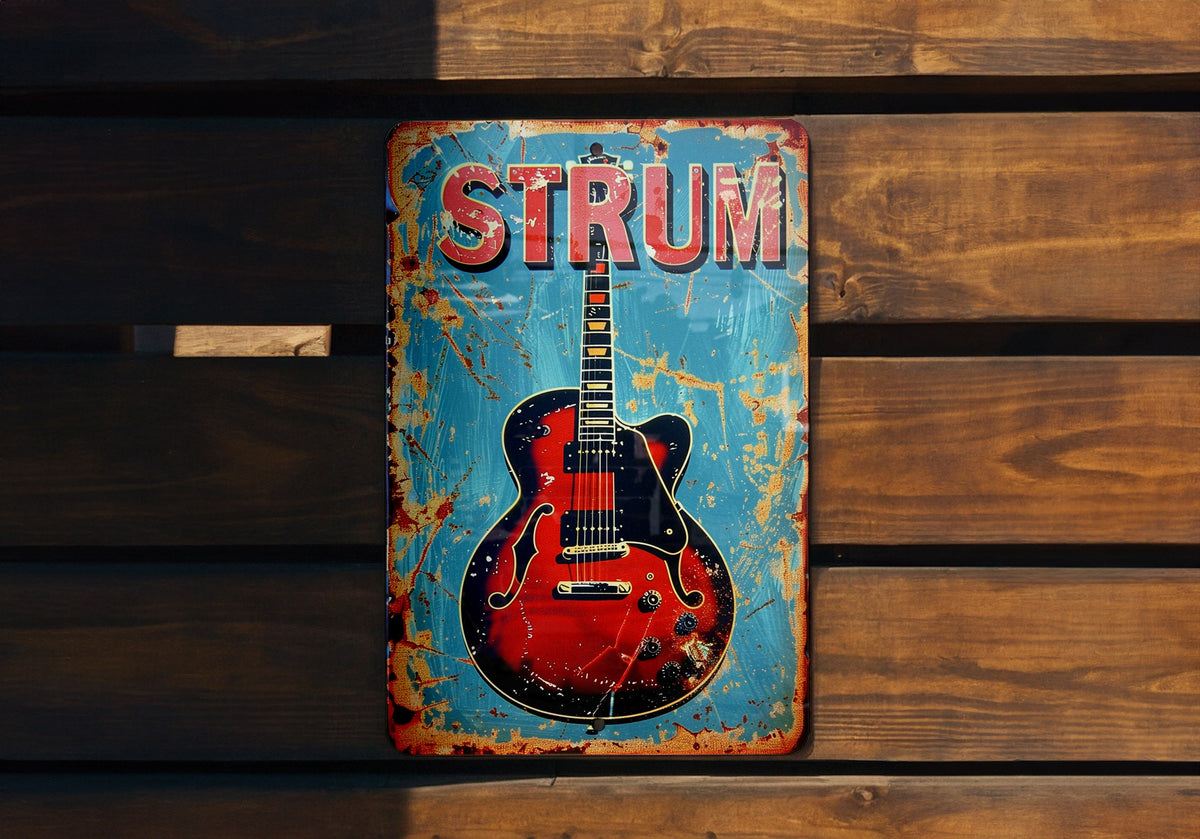 Vintage Style Metal Sign, Playing Guitar, STRUM Sign, Guitar Decor, Retro Music Wall Art — photo 3