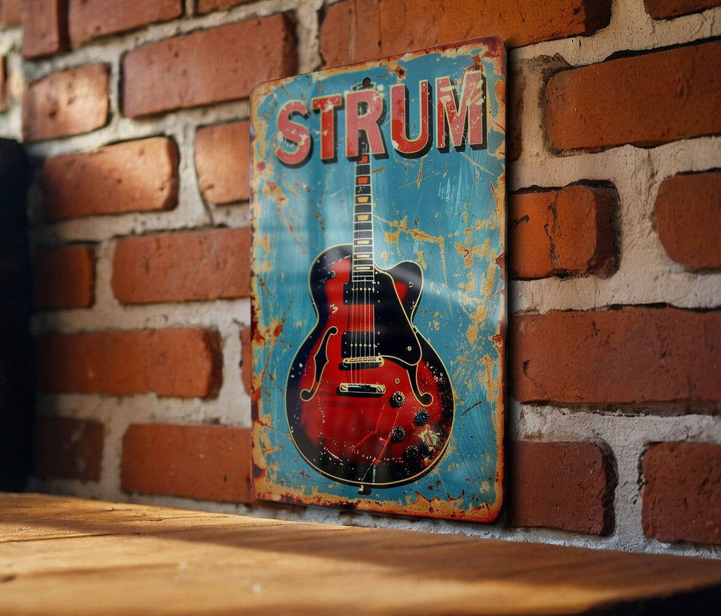 Vintage Style Metal Sign, Playing Guitar, STRUM Sign, Guitar Decor, Retro Music Wall Art — photo 4