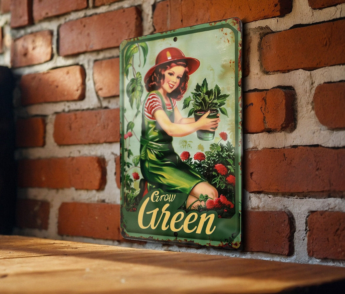 Retro Garden Sign, Metal Garden Decor, Vintage Gardening Sign, Outdoor Wall Art, Grow Green Plaque — photo 3