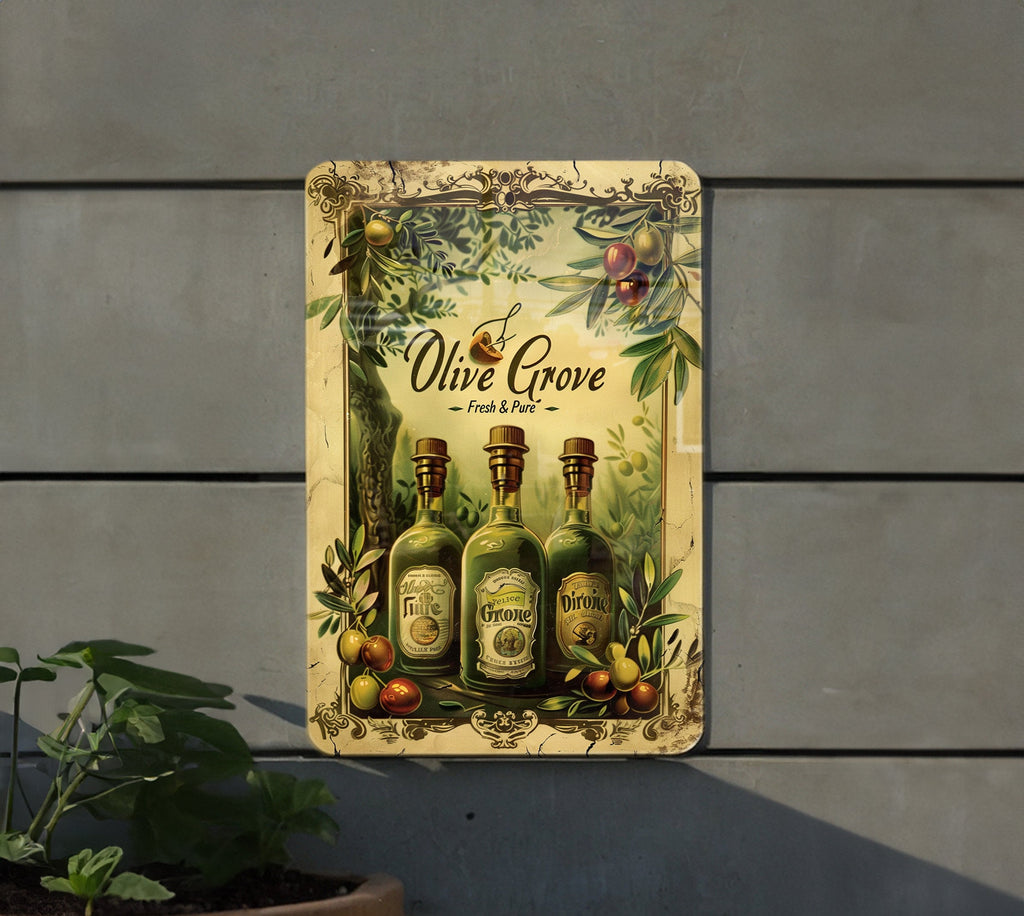 Olive Trees, Olive Oil Bottles, Fresh Pure Vintage, Funny Metal Sign, Olive Grove Decor — photo 2
