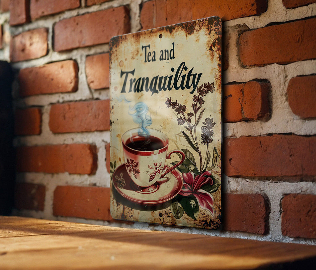 Tea and Tranquility Vintage Style Metal Sign, Vintage Teacup, Retro Illustrations, Bright Colors, Steam and Herbs — photo 1