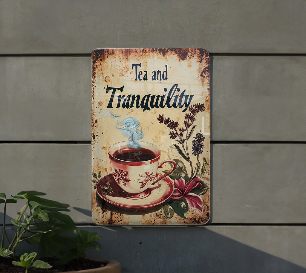 Tea and Tranquility Vintage Style Metal Sign, Vintage Teacup, Retro Illustrations, Bright Colors, Steam and Herbs — photo 2