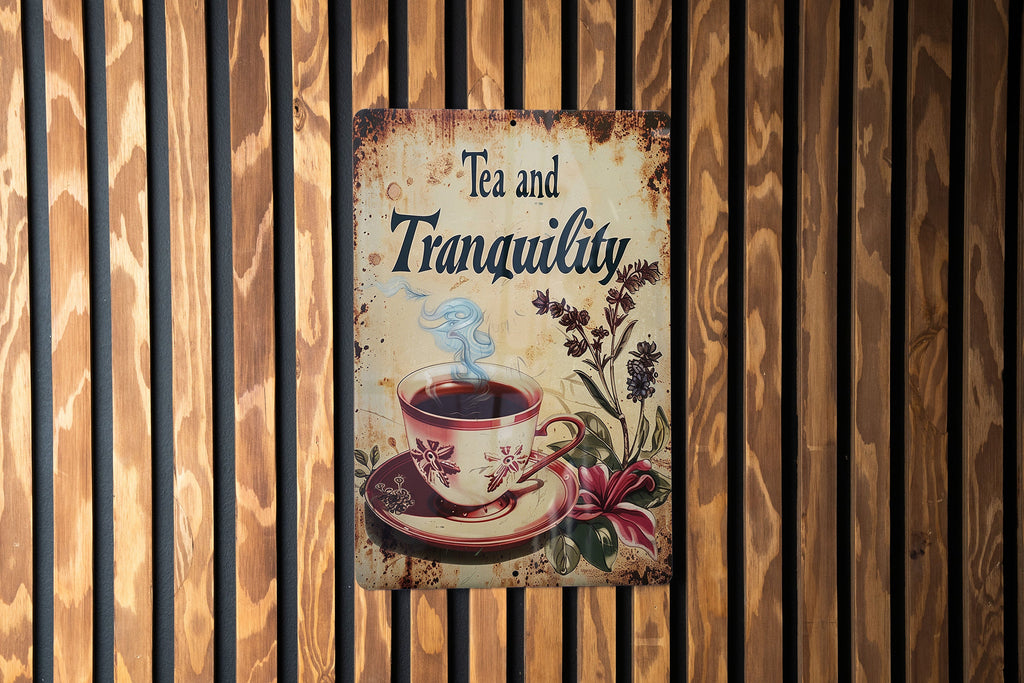 Tea and Tranquility Vintage Style Metal Sign, Vintage Teacup, Retro Illustrations, Bright Colors, Steam and Herbs — photo 3
