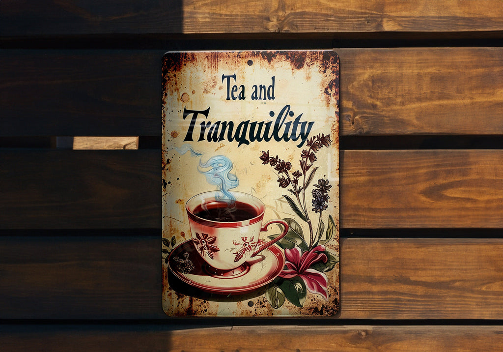 Tea and Tranquility Vintage Style Metal Sign, Vintage Teacup, Retro Illustrations, Bright Colors, Steam and Herbs — photo 4