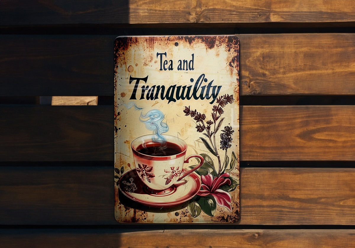 Tea and Tranquility Vintage Style Metal Sign, Vintage Teacup, Retro Illustrations, Bright Colors, Steam and Herbs — photo 4