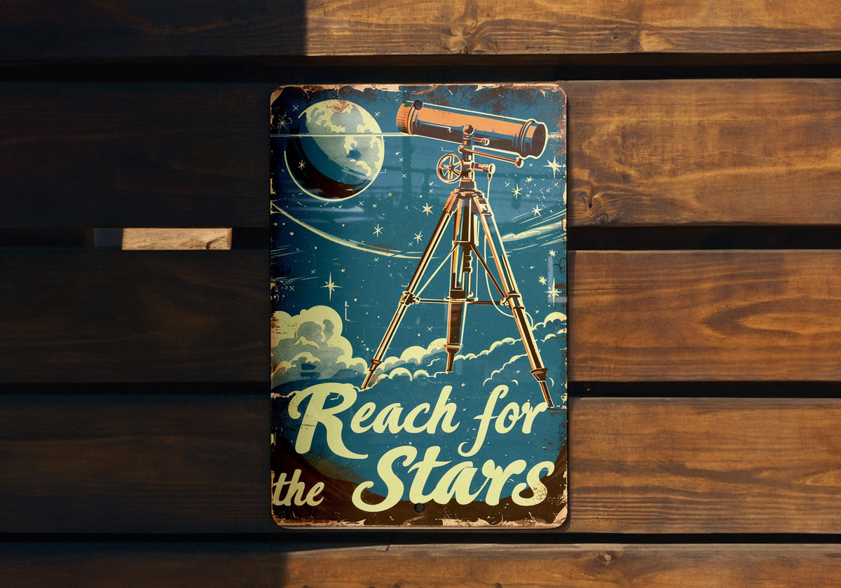 Reach for the Stars Vintage Telescope, Celestial Illustrations, Muted Colors, Retro Fonts, Funny Metal Sign — photo 1