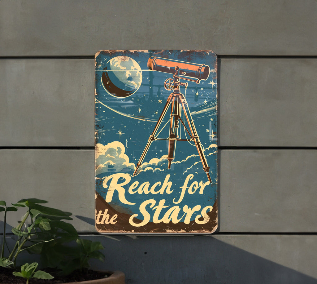 Reach for the Stars Vintage Telescope, Celestial Illustrations, Muted Colors, Retro Fonts, Funny Metal Sign — photo 2