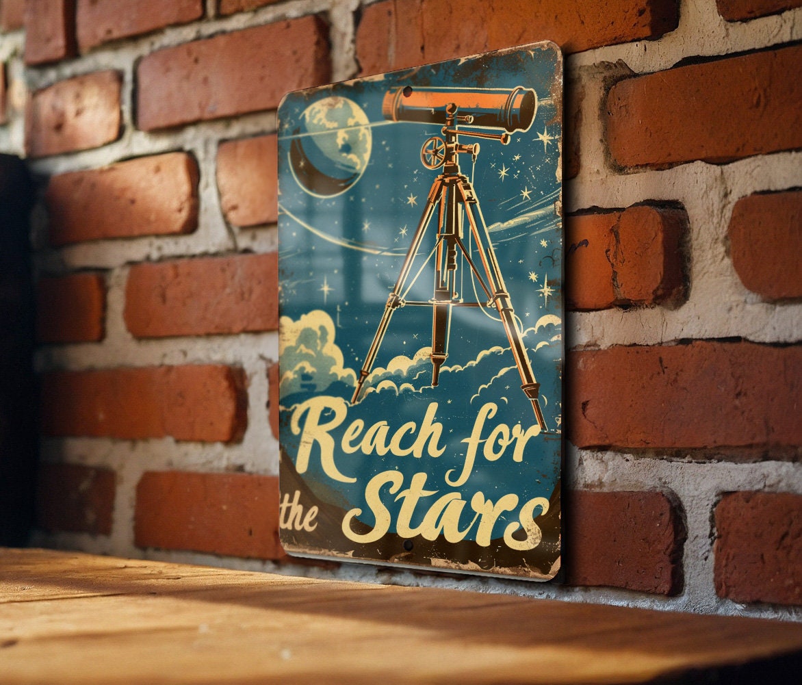 Reach for the Stars Vintage Telescope, Celestial Illustrations, Muted Colors, Retro Fonts, Funny Metal Sign — photo 3
