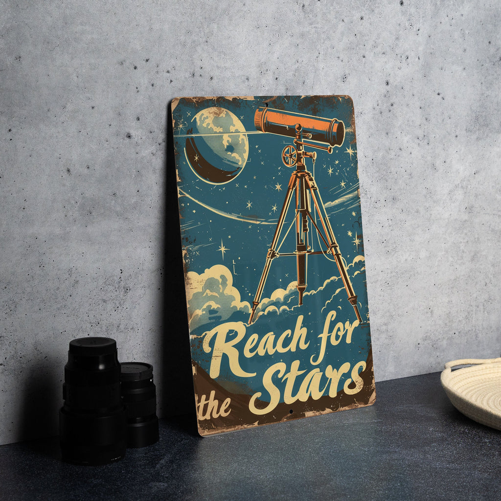 Reach for the Stars Vintage Telescope, Celestial Illustrations, Muted Colors, Retro Fonts, Funny Metal Sign — photo 4
