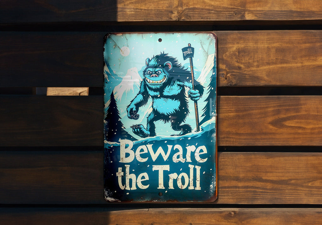 Nordic Folklore Metal Sign, Beware The Troll, Retro Illustrations, Mountain Landscape, Cool Blue Tones — photo 1