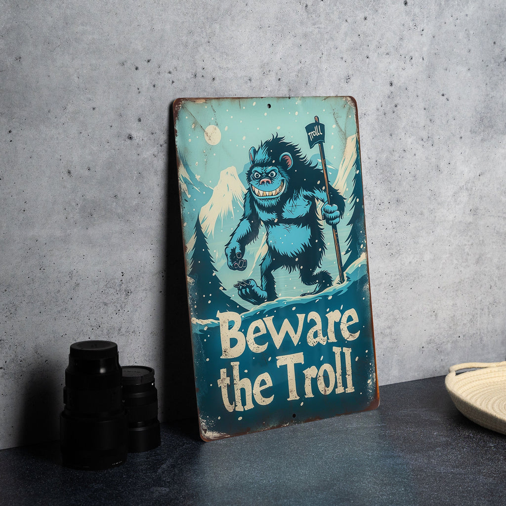 Nordic Folklore Metal Sign, Beware The Troll, Retro Illustrations, Mountain Landscape, Cool Blue Tones — photo 2