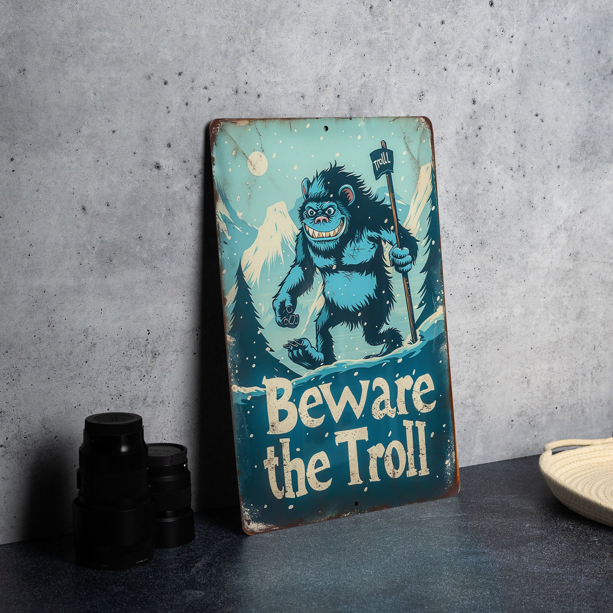 Nordic Folklore Metal Sign, Beware The Troll, Retro Illustrations, Mountain Landscape, Cool Blue Tones — photo 2