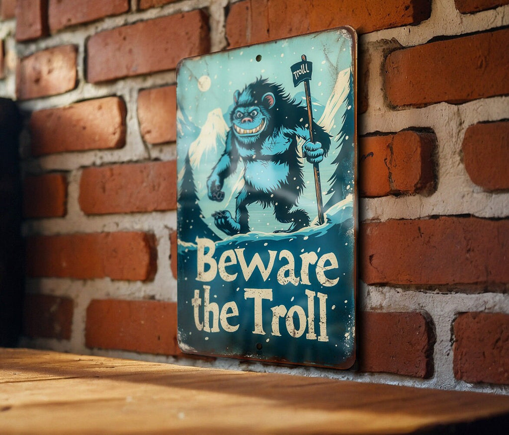 Nordic Folklore Metal Sign, Beware The Troll, Retro Illustrations, Mountain Landscape, Cool Blue Tones — photo 3