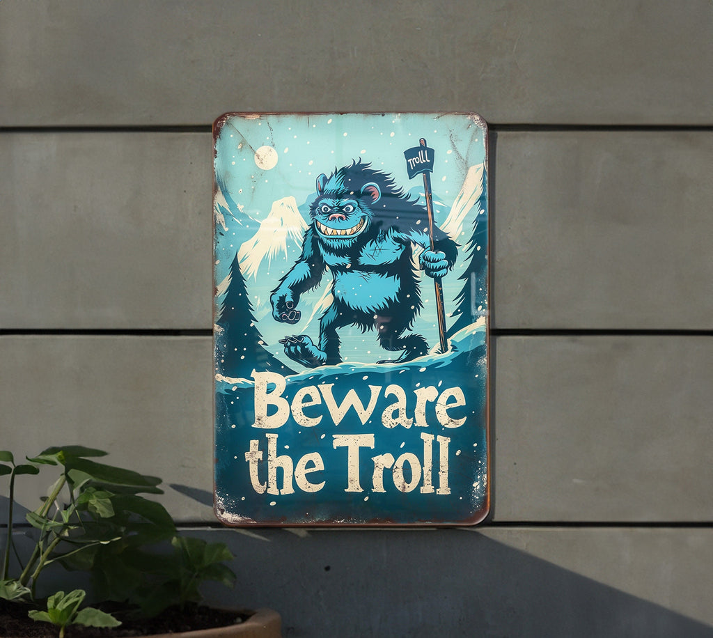 Nordic Folklore Metal Sign, Beware The Troll, Retro Illustrations, Mountain Landscape, Cool Blue Tones — photo 4