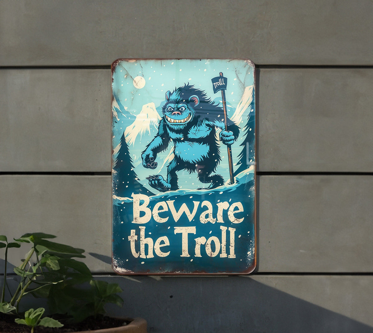 Nordic Folklore Metal Sign, Beware The Troll, Retro Illustrations, Mountain Landscape, Cool Blue Tones — photo 4
