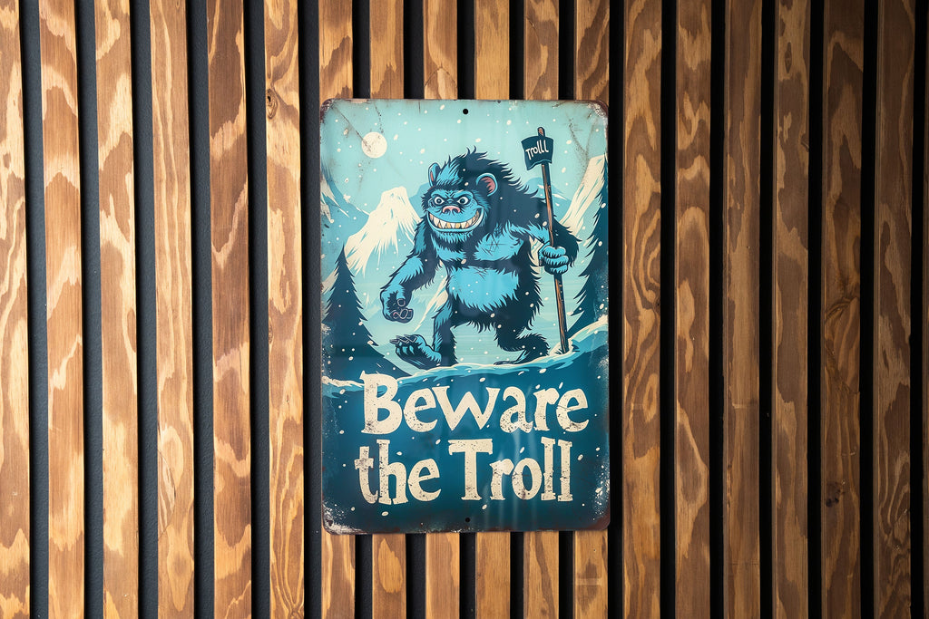 Nordic Folklore Metal Sign, Beware The Troll, Retro Illustrations, Mountain Landscape, Cool Blue Tones — photo 5