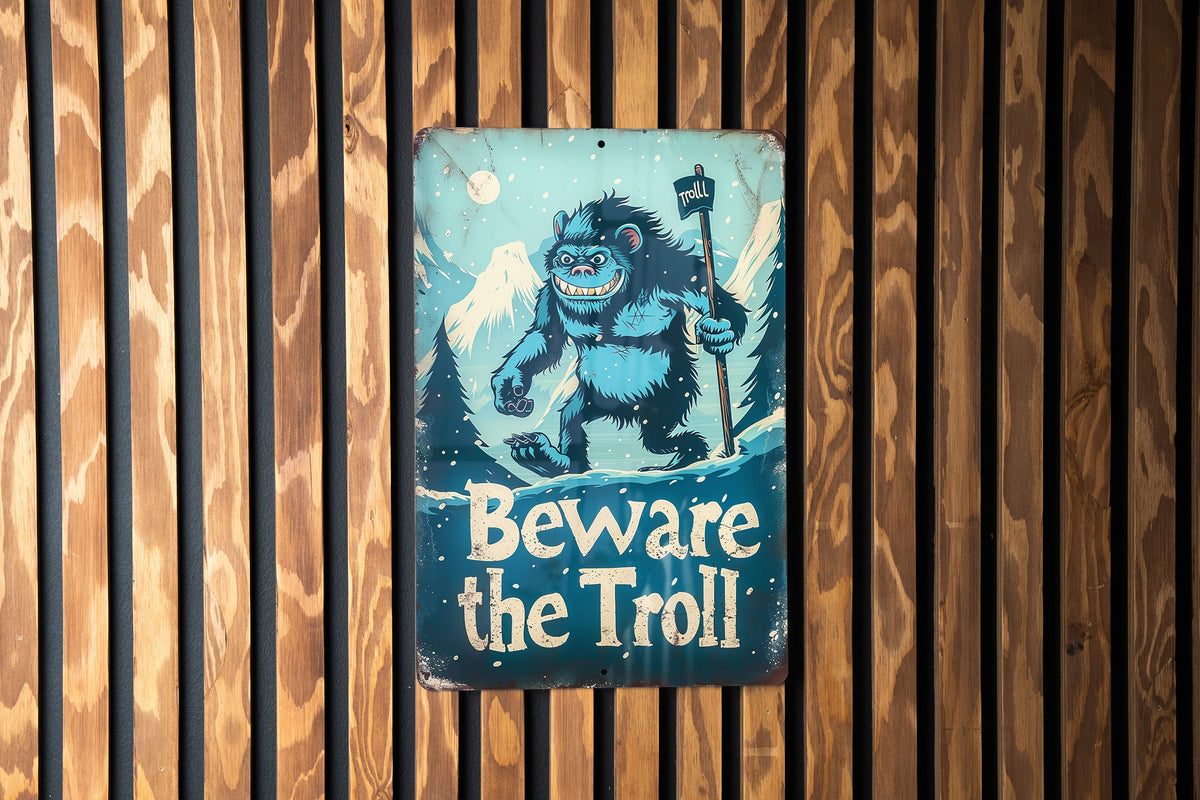 Nordic Folklore Metal Sign, Beware The Troll, Retro Illustrations, Mountain Landscape, Cool Blue Tones — photo 5