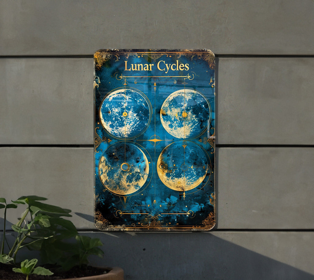 Moon Phases Chart Metal Sign, Victorian Border, Lunar Cycles, Vintage Style, Cool Blue Tones — photo 1