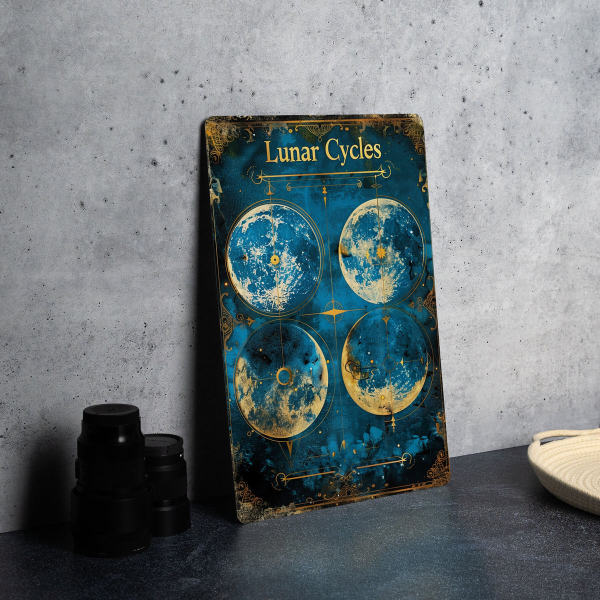 Moon Phases Chart Metal Sign, Victorian Border, Lunar Cycles, Vintage Style, Cool Blue Tones — photo 2