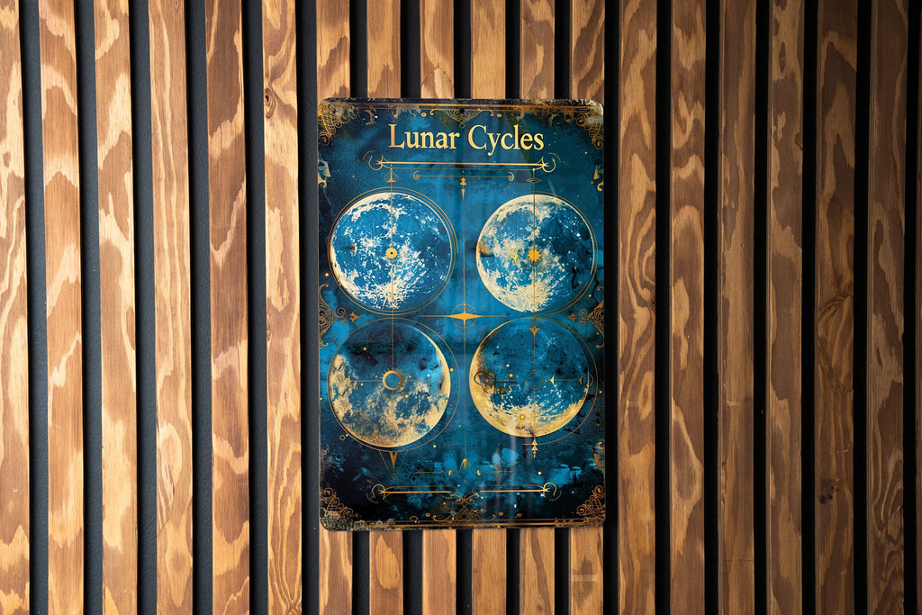 Moon Phases Chart Metal Sign, Victorian Border, Lunar Cycles, Vintage Style, Cool Blue Tones — photo 3