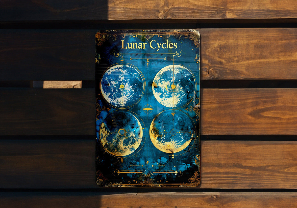 Moon Phases Chart Metal Sign, Victorian Border, Lunar Cycles, Vintage Style, Cool Blue Tones — photo 4