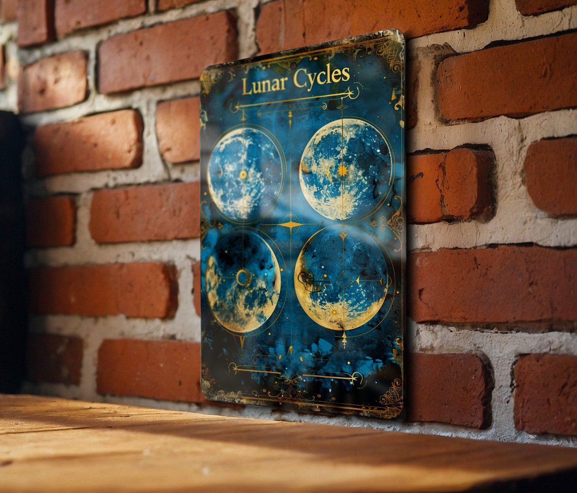 Moon Phases Chart Metal Sign, Victorian Border, Lunar Cycles, Vintage Style, Cool Blue Tones — photo 5