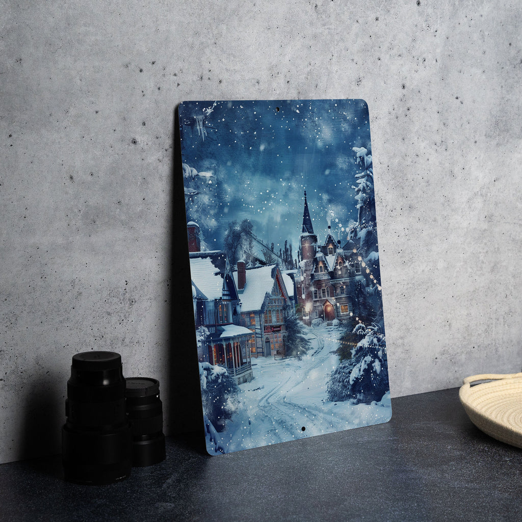 Winter Wonderland Vintage Metal Sign, Christmas Village Decor, Snowy Victorian Scene, Blue Tones Art, Cool Christmas Gift — photo 1