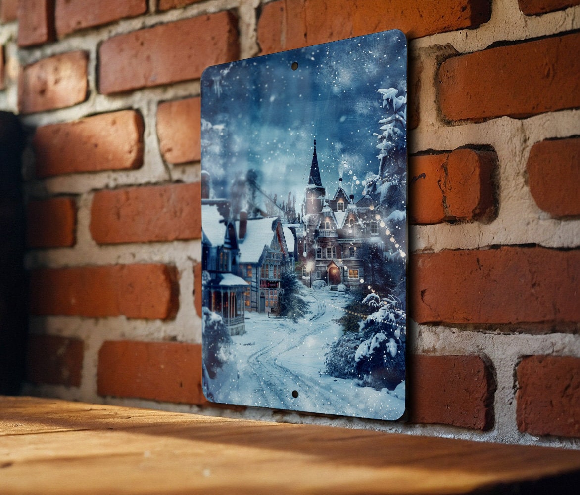 Winter Wonderland Vintage Metal Sign, Christmas Village Decor, Snowy Victorian Scene, Blue Tones Art, Cool Christmas Gift — photo 3