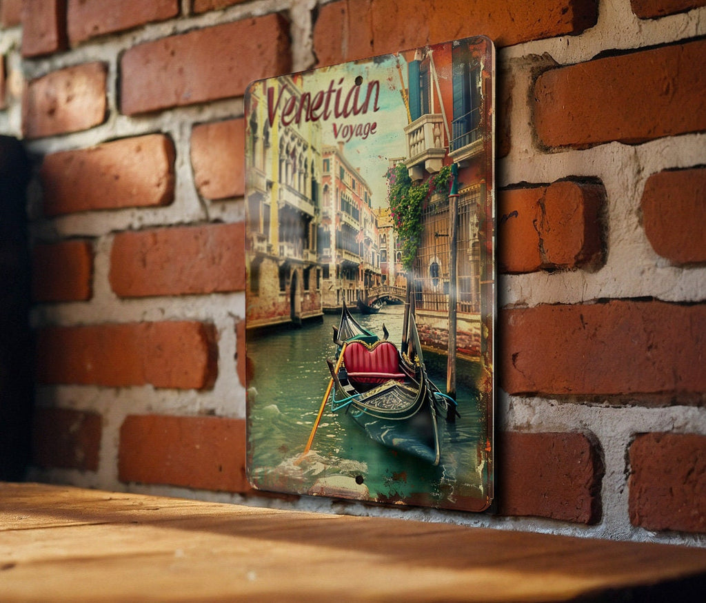 Venetian Voyage Vintage Style Metal Sign, Gondola in Venice, Retro Fonts, Vintage Colors, Canal Decor — photo 1