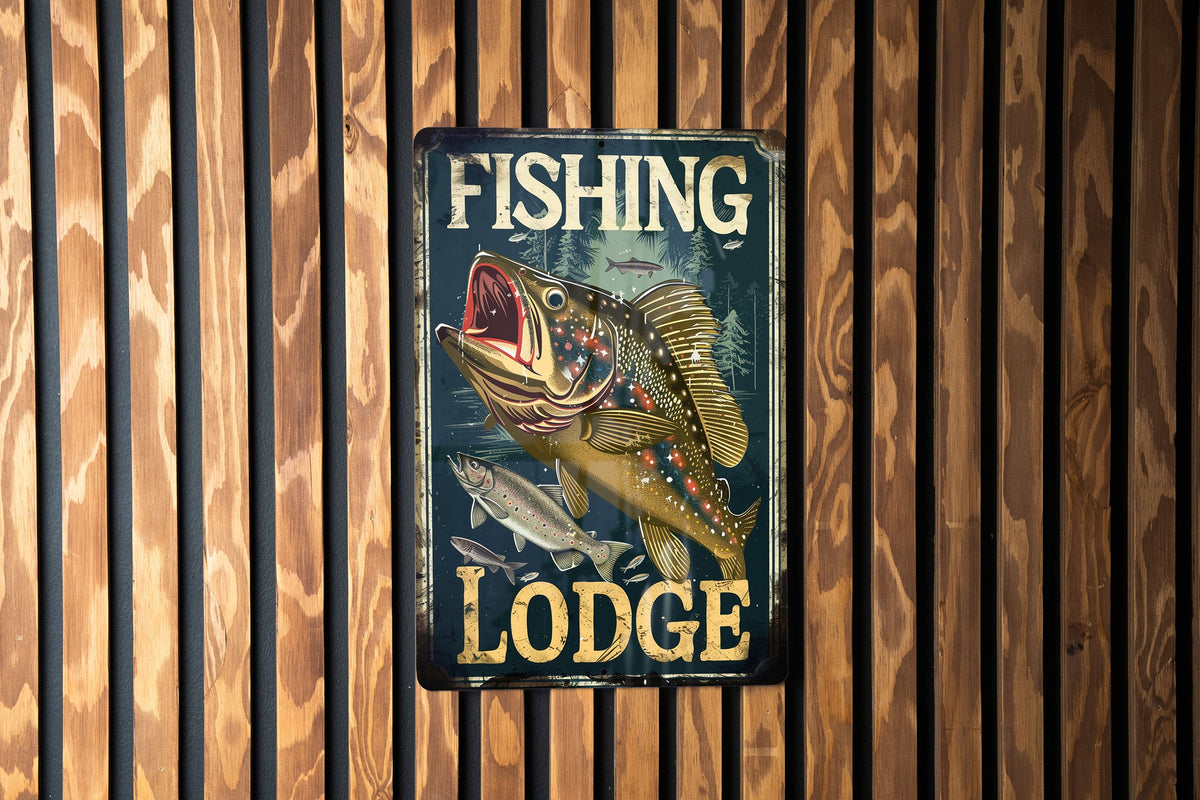 Vintage Fishing Lodge Metal Sign, Fish Illustration, Earthy Colors, Lodge Frame, Bold Font — photo 1