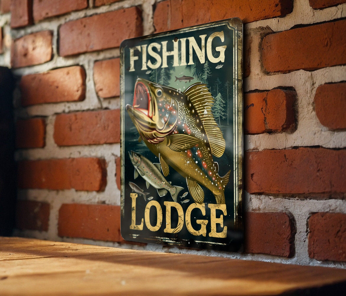 Vintage Fishing Lodge Metal Sign, Fish Illustration, Earthy Colors, Lodge Frame, Bold Font — photo 3