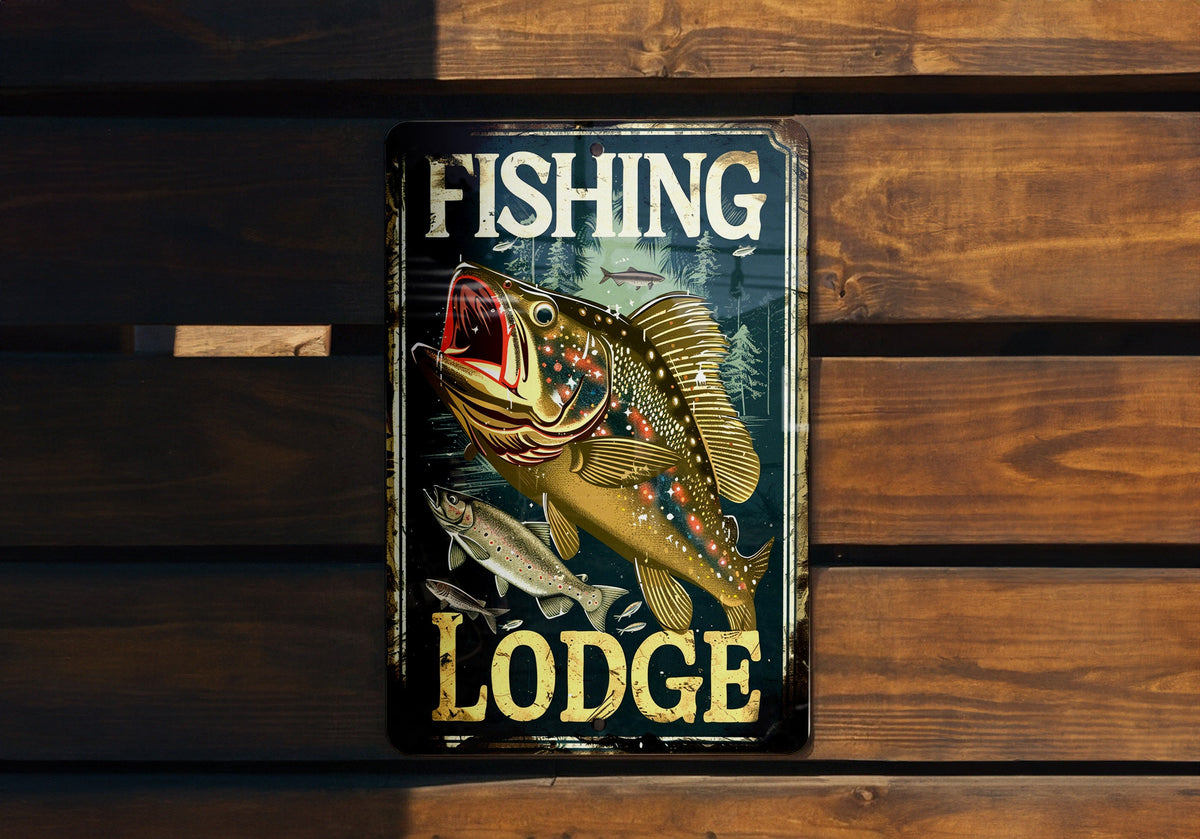 Vintage Fishing Lodge Metal Sign, Fish Illustration, Earthy Colors, Lodge Frame, Bold Font — photo 5