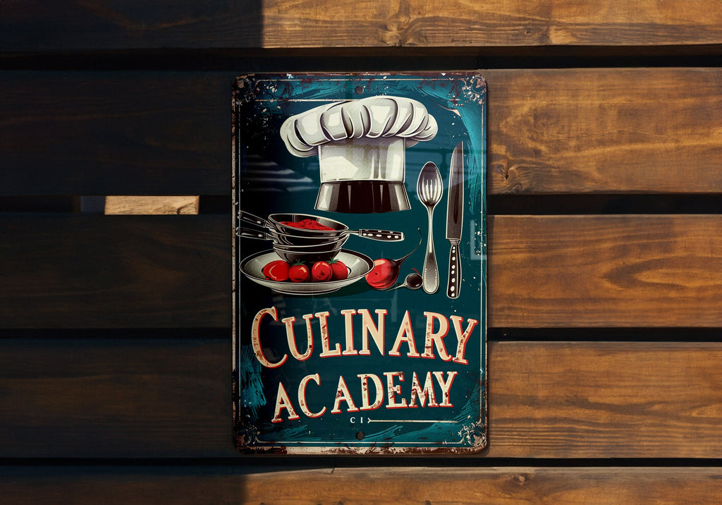 Culinary Academy Vintage Sign, Chef Hat Illustration, Rich Tones Decor, Culinary Frame Art, Playful Font Metal Sign — photo 1