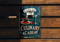 Culinary Academy Vintage Sign, Chef Hat Illustration, Rich Tones Decor, Culinary Frame Art, Playful Font Metal Sign — photo 1