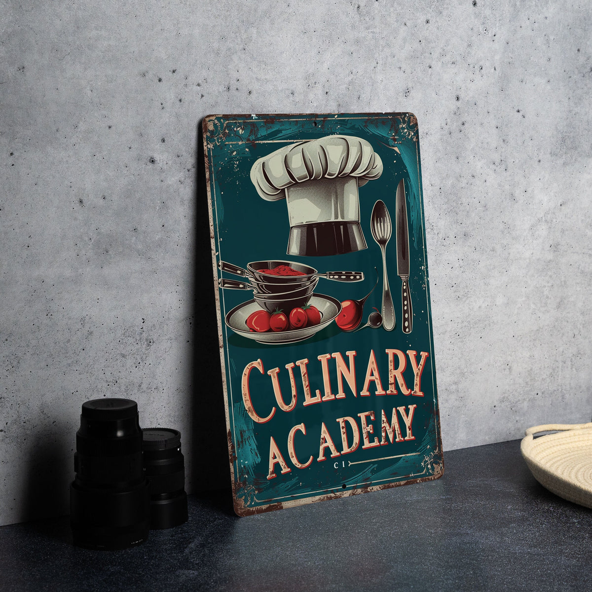 Culinary Academy Vintage Sign, Chef Hat Illustration, Rich Tones Decor, Culinary Frame Art, Playful Font Metal Sign — photo 2