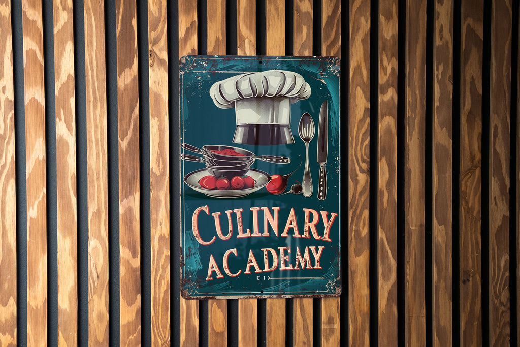 Culinary Academy Vintage Sign, Chef Hat Illustration, Rich Tones Decor, Culinary Frame Art, Playful Font Metal Sign — photo 3